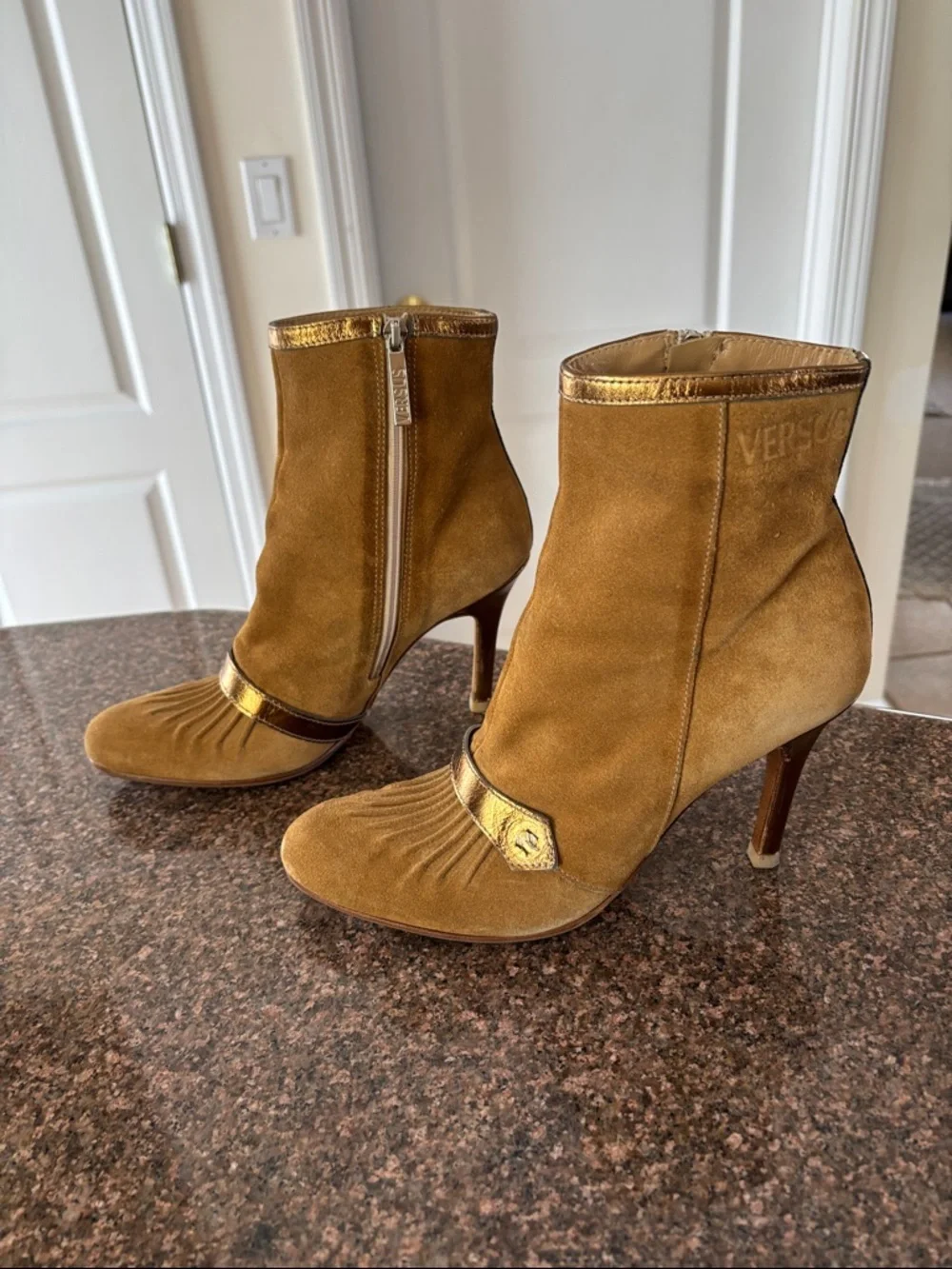 Versace Versus Ladies Camel Suede Bronze booties-7-VINTAGE 90’s